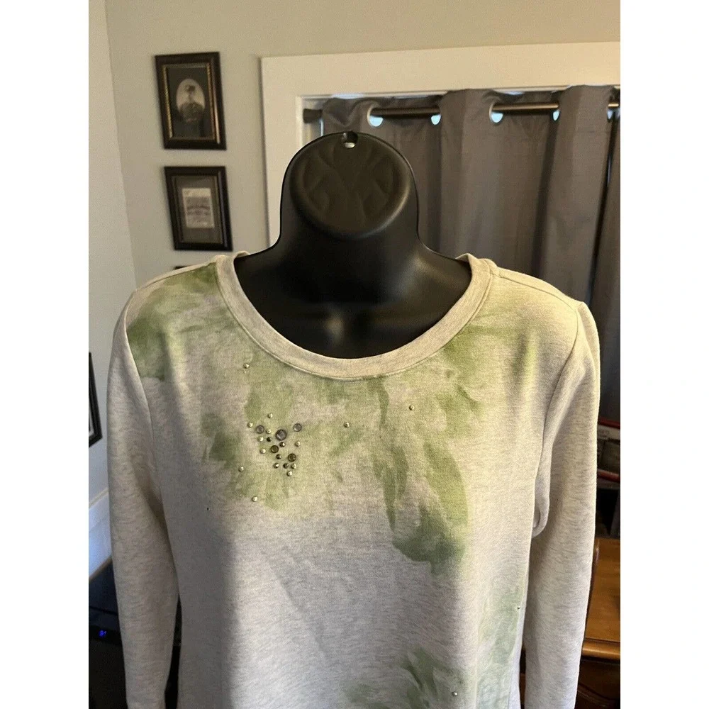 LOGO Lounge Lori Goldstein Women's Top Sz XS Green Watercolor Bedazzled Layered - Picture 4 of 10